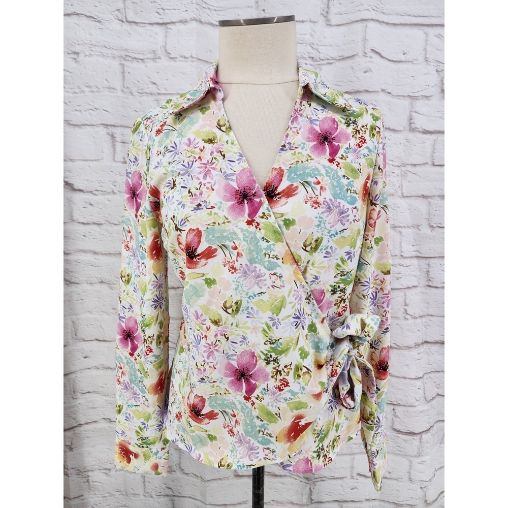 Rachel Zoe Garden Party Wrap‎ Top Office Floral Boho Romantic Colorful Sz Medium